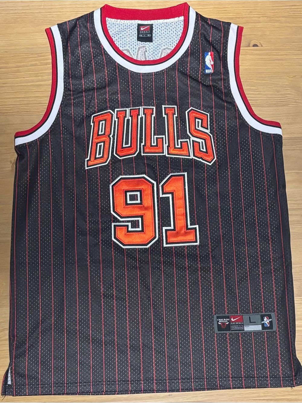 Nike Black Chicago Bulls #91 Rodman Pinstripe Jersey adult Size Large